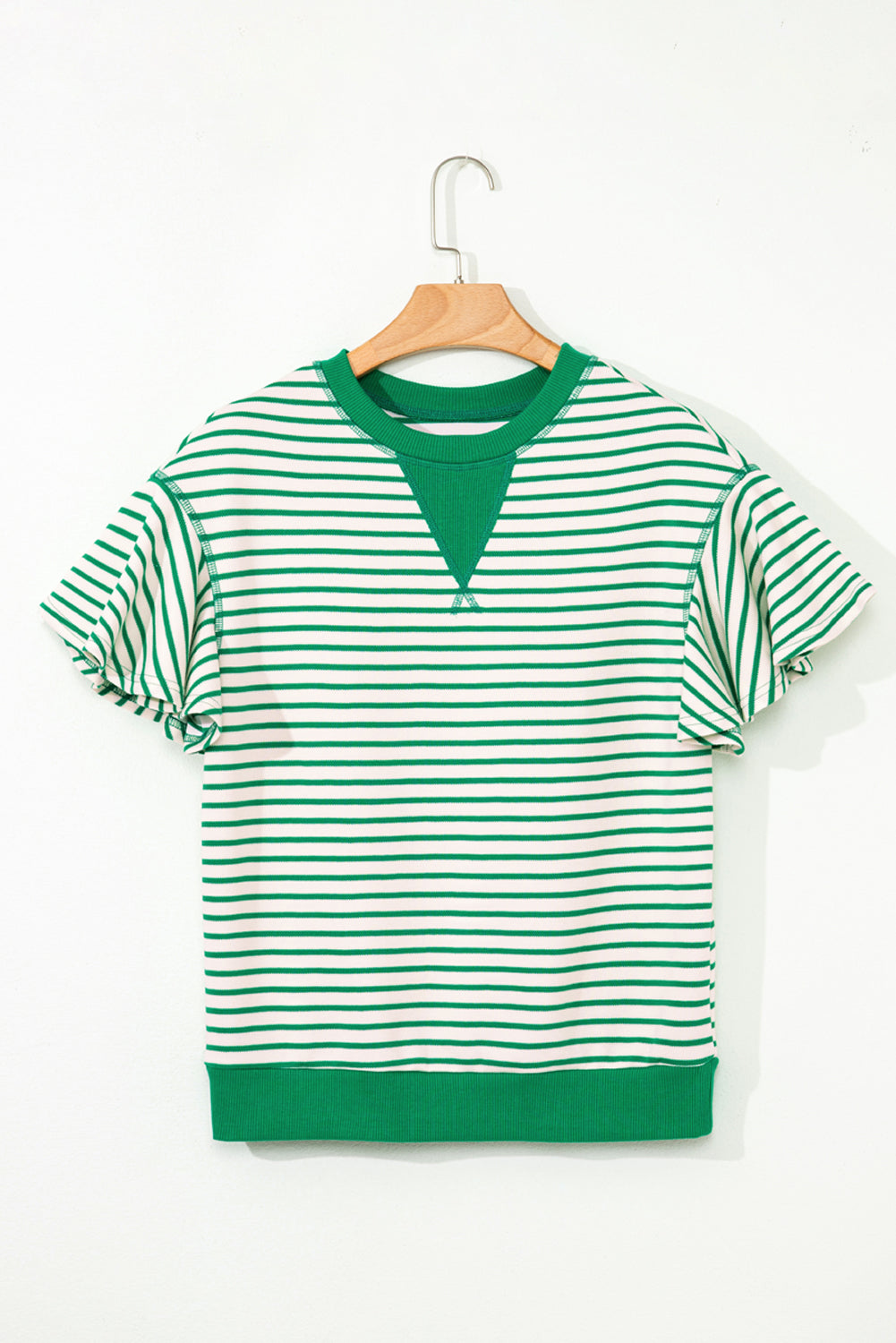 Short Sleeve Green Stripped Ruffle Sleeve