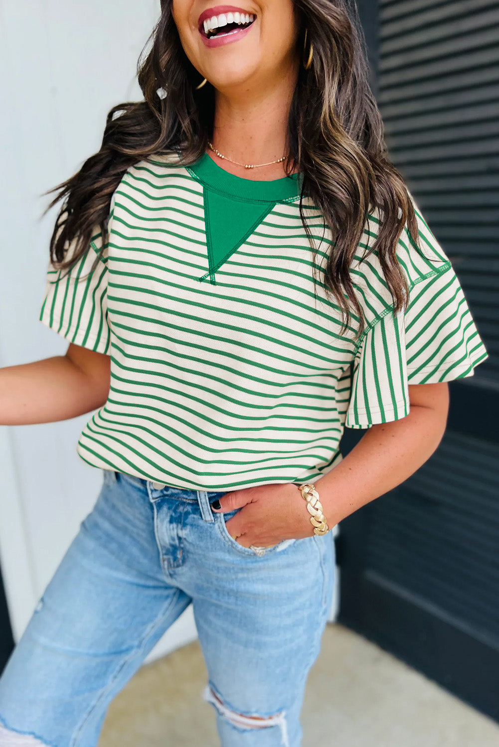 Short Sleeve Green Stripped Ruffle Sleeve