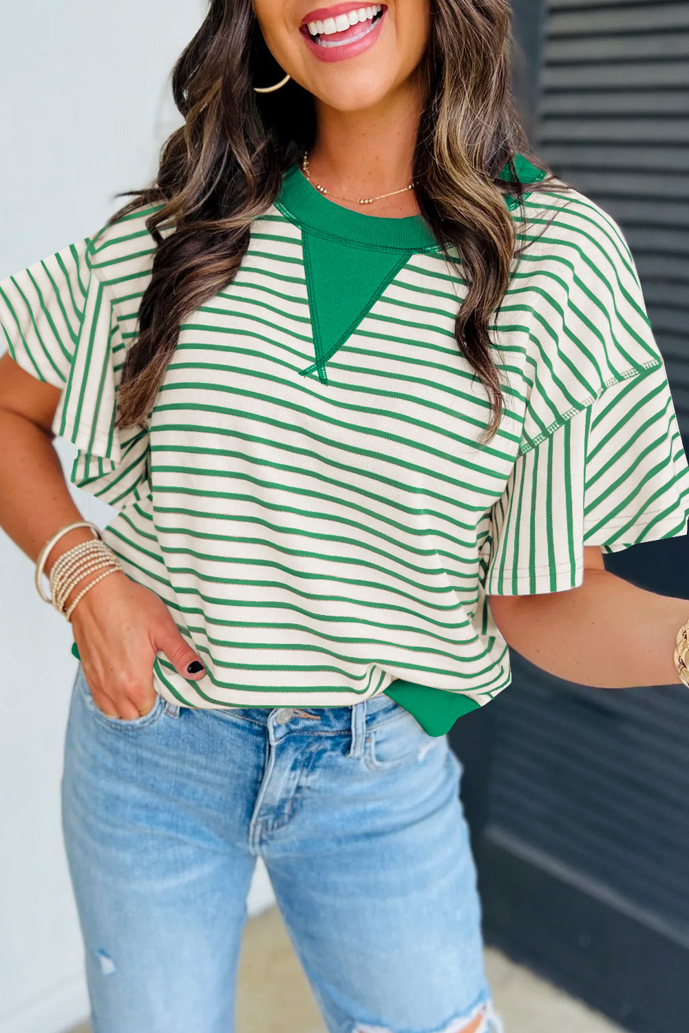 Short Sleeve Green Stripped Ruffle Sleeve