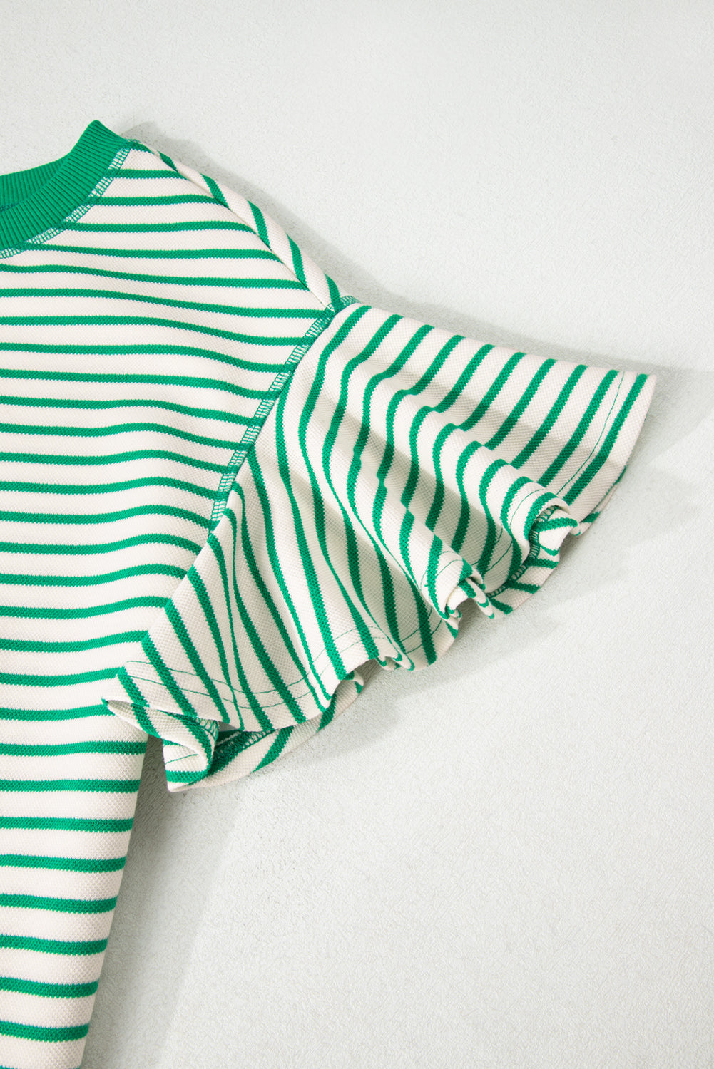 Short Sleeve Green Stripped Ruffle Sleeve